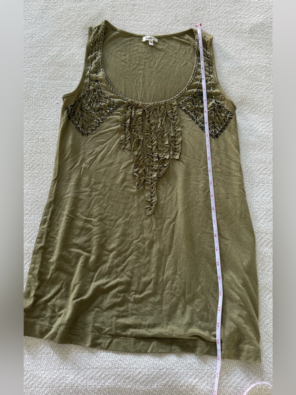 Studio Y Olive Green Ruffle & Beaded Scoop Neck Tank